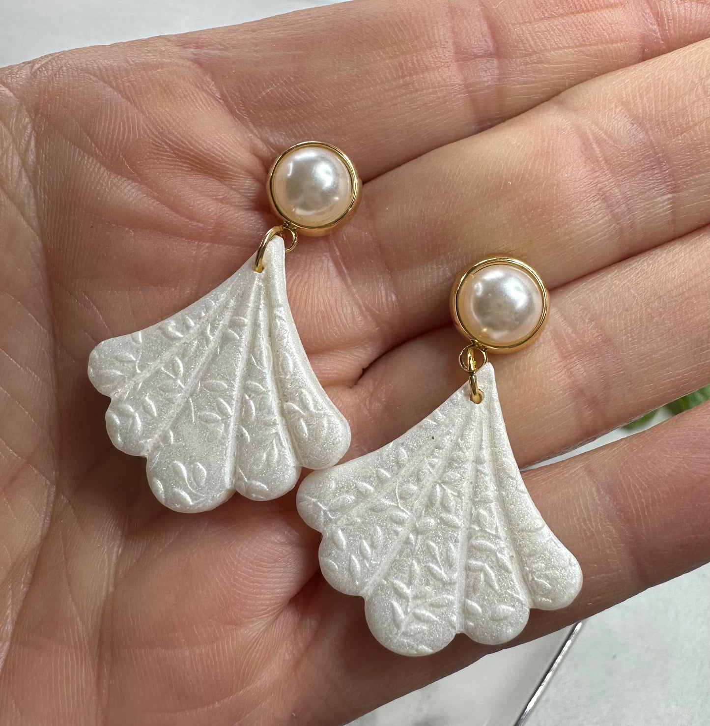 “Lily of the Valley” White Polymer Clay Gold Plated Pearl Dangle Post Earrings