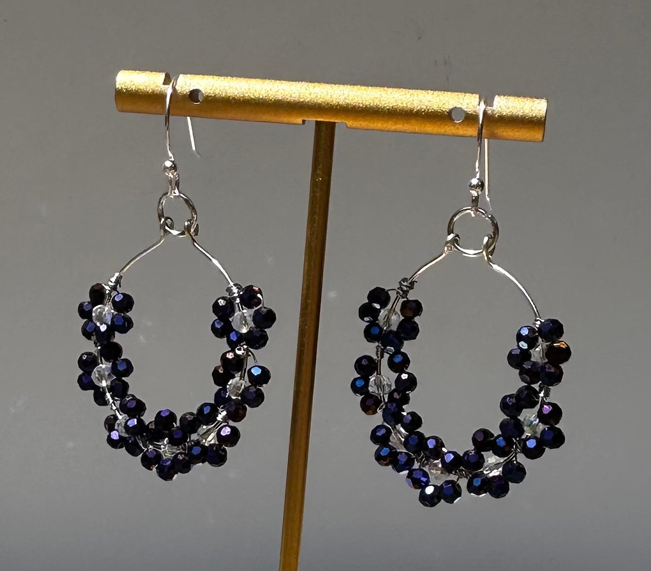 “Georgia” Handmade Silver Plated Navy Blue Dainty Daisy Dangle Earrings