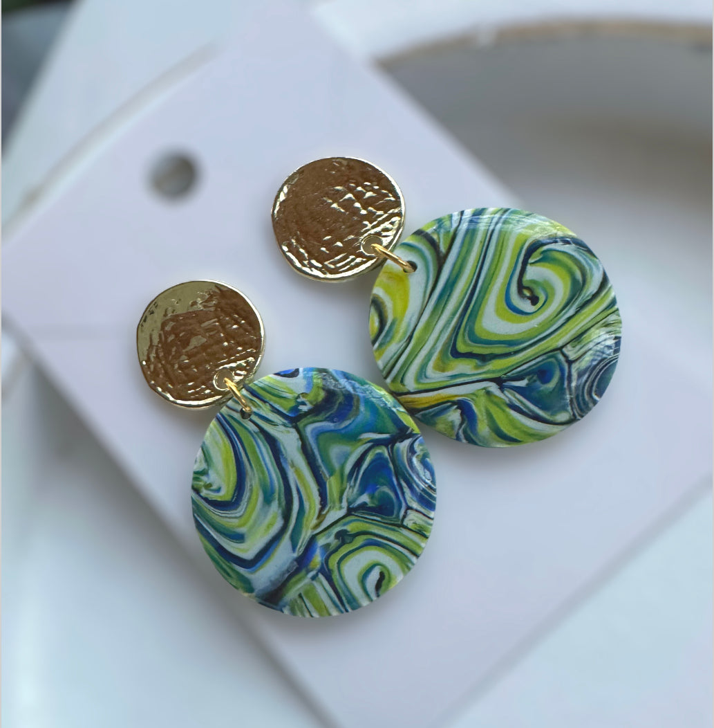 “A Starry Night” Handmade Polymer Clay Round Gold Plated Stud Dangle Earrings