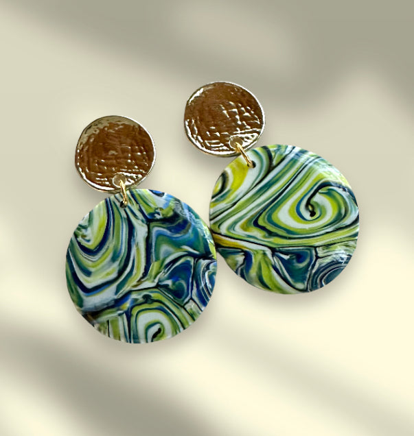 “A Starry Night” Handmade Polymer Clay Round Gold Plated Stud Dangle Earrings