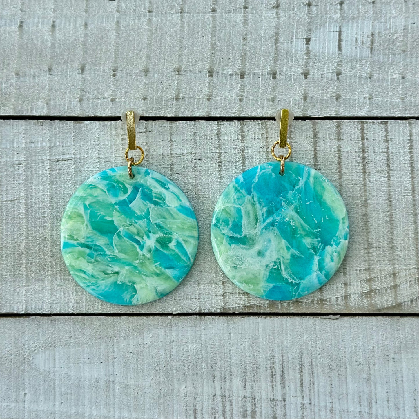 “Tropical Breeze” Handmade Polymer Clay Round Gold Plated Stud Dangle Earrings