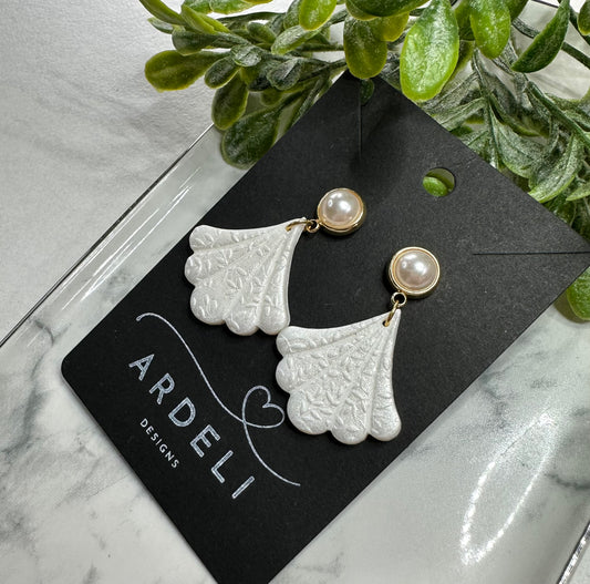 “Lily of the Valley” White Polymer Clay Gold Plated Pearl Dangle Post Earrings