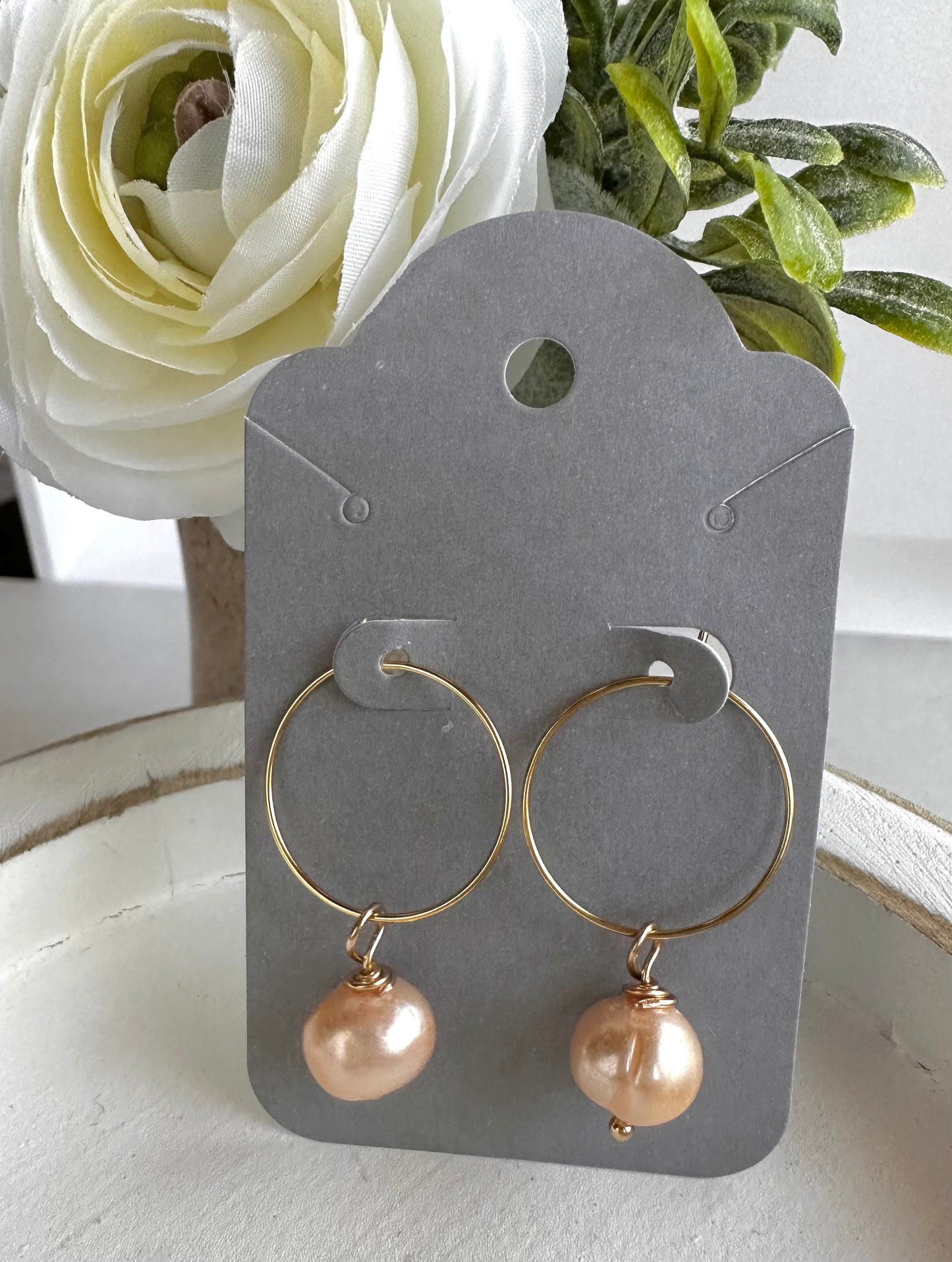 "Lorraine" 79 Peach Potato Pearl Drop 316 Surgical Stainless Steel Hoop Earrings