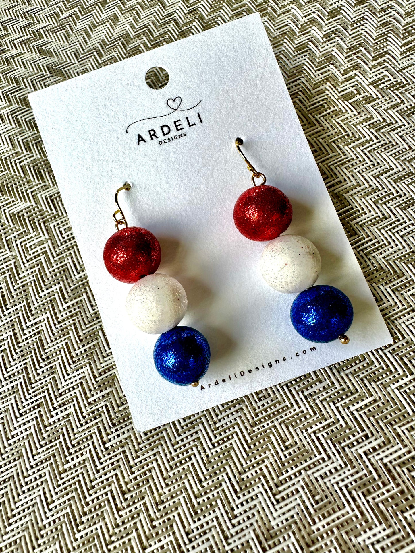 "USA" Red, White and Blue Clay Bead Dangle Drop Earrings