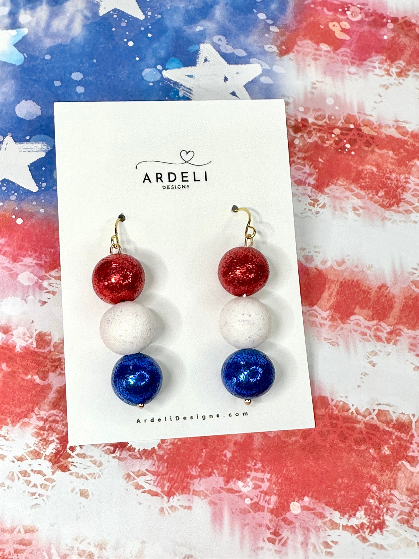 "USA" Red, White and Blue Clay Bead Dangle Drop Earrings