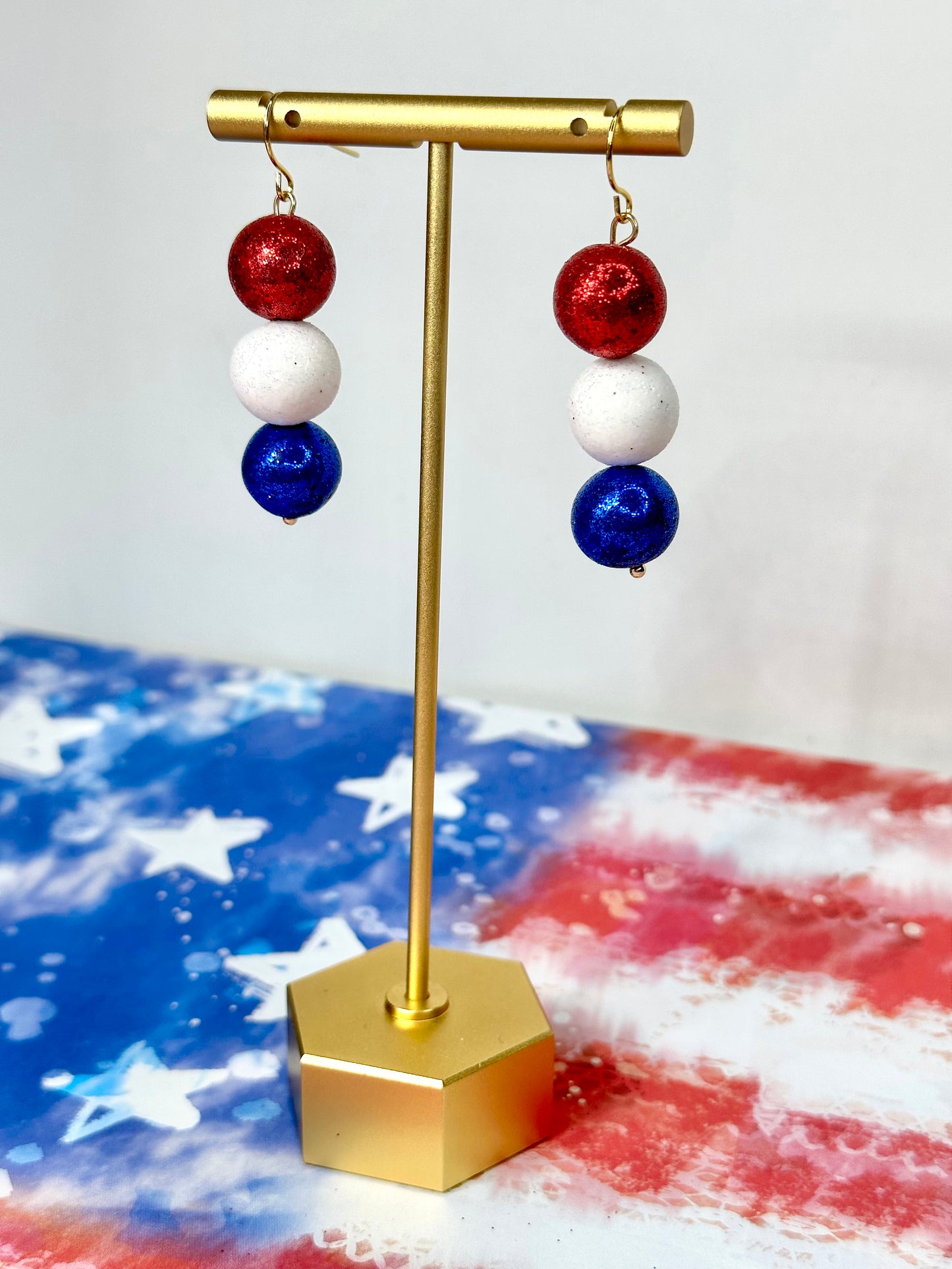 "USA" Red, White and Blue Clay Bead Dangle Drop Earrings