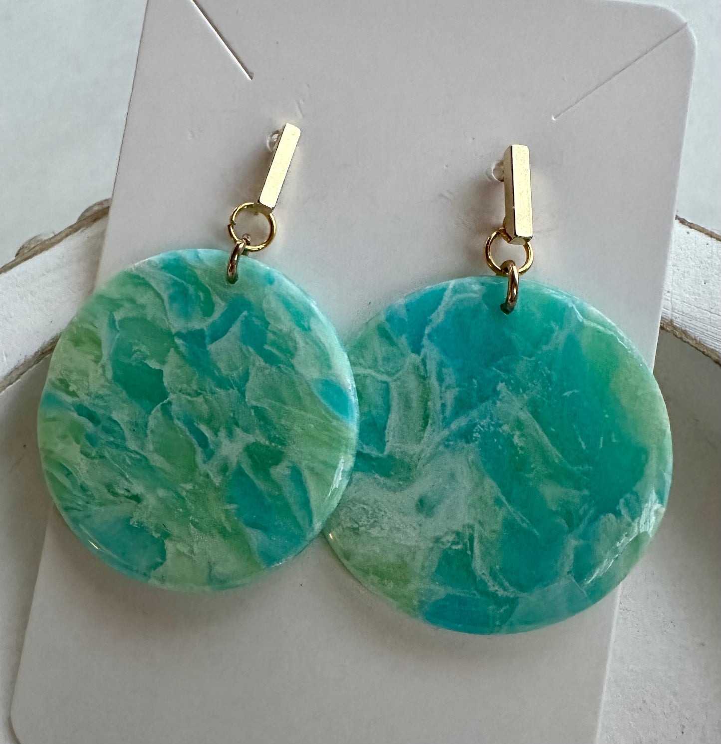 “Tropical Breeze” Handmade Polymer Clay Round Gold Plated Stud Dangle Earrings