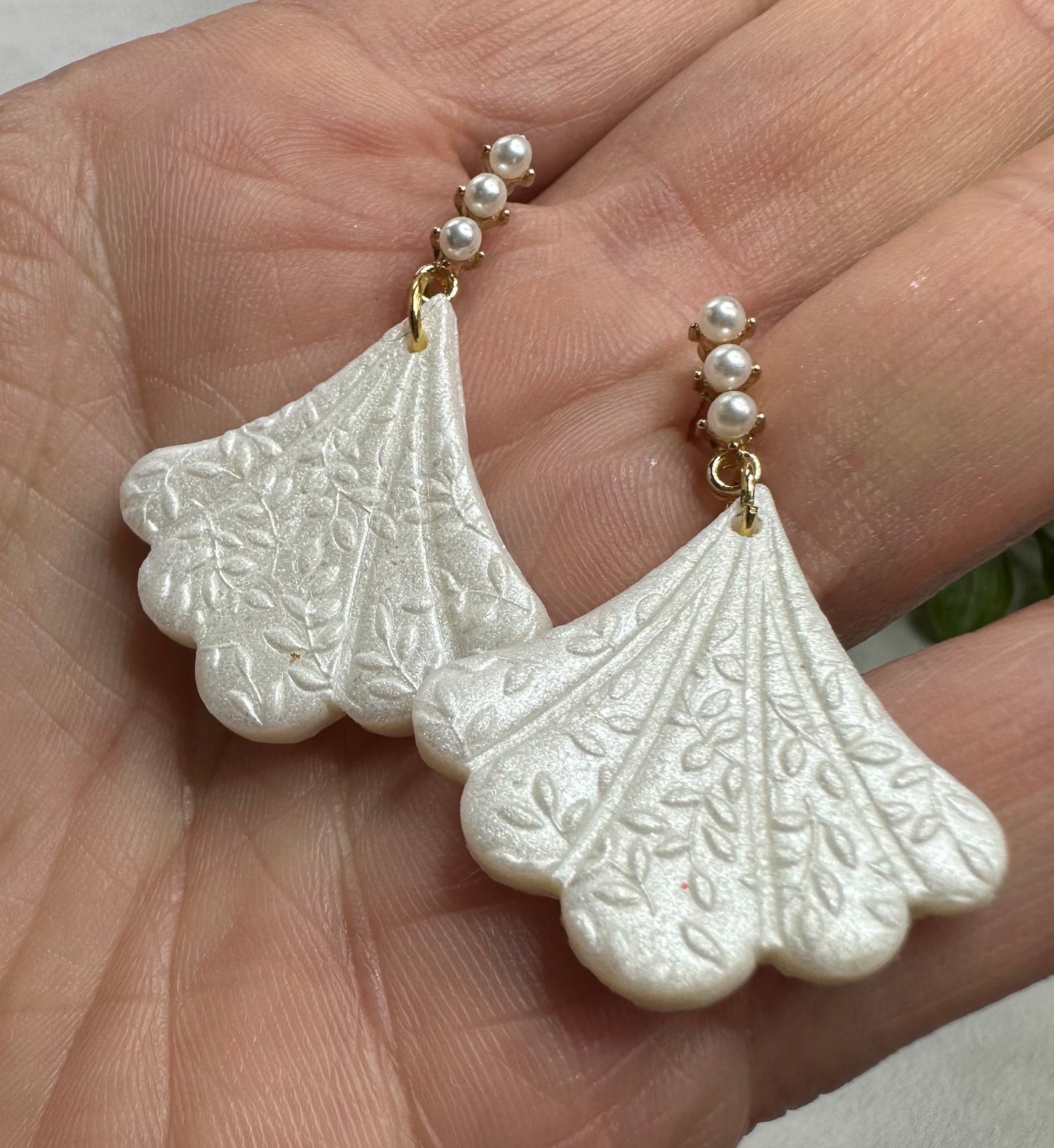 “Lily of the Valley” White Polymer Clay Gold Plated Faux Pearl Dangle Post Earrings