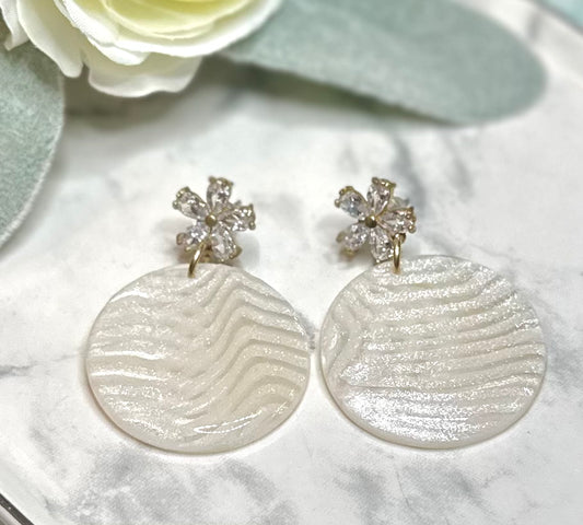 “Lily of the Valley” White Marble Polymer Clay Cubic Zirconia Gold Plated Post Earrings