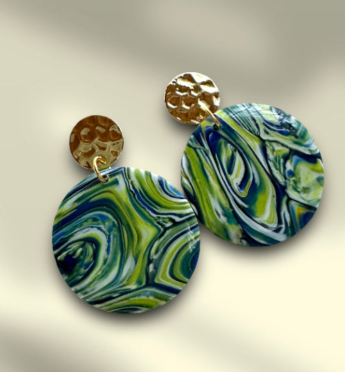 “A Starry Night” Handmade Polymer Clay Round Gold Plated Stud Dangle Earrings