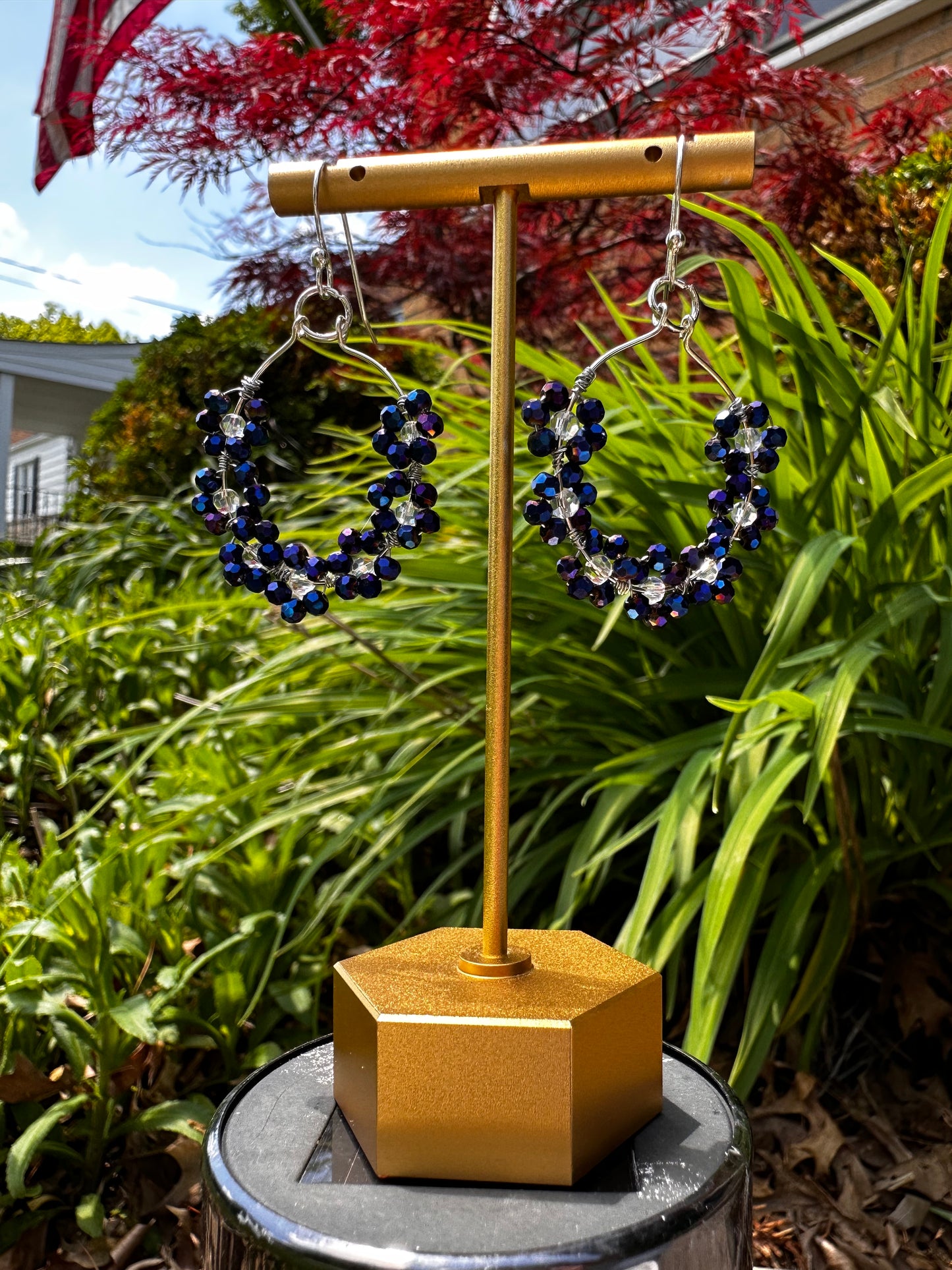 “Georgia” Handmade Silver Plated Navy Blue Dainty Daisy Dangle Earrings