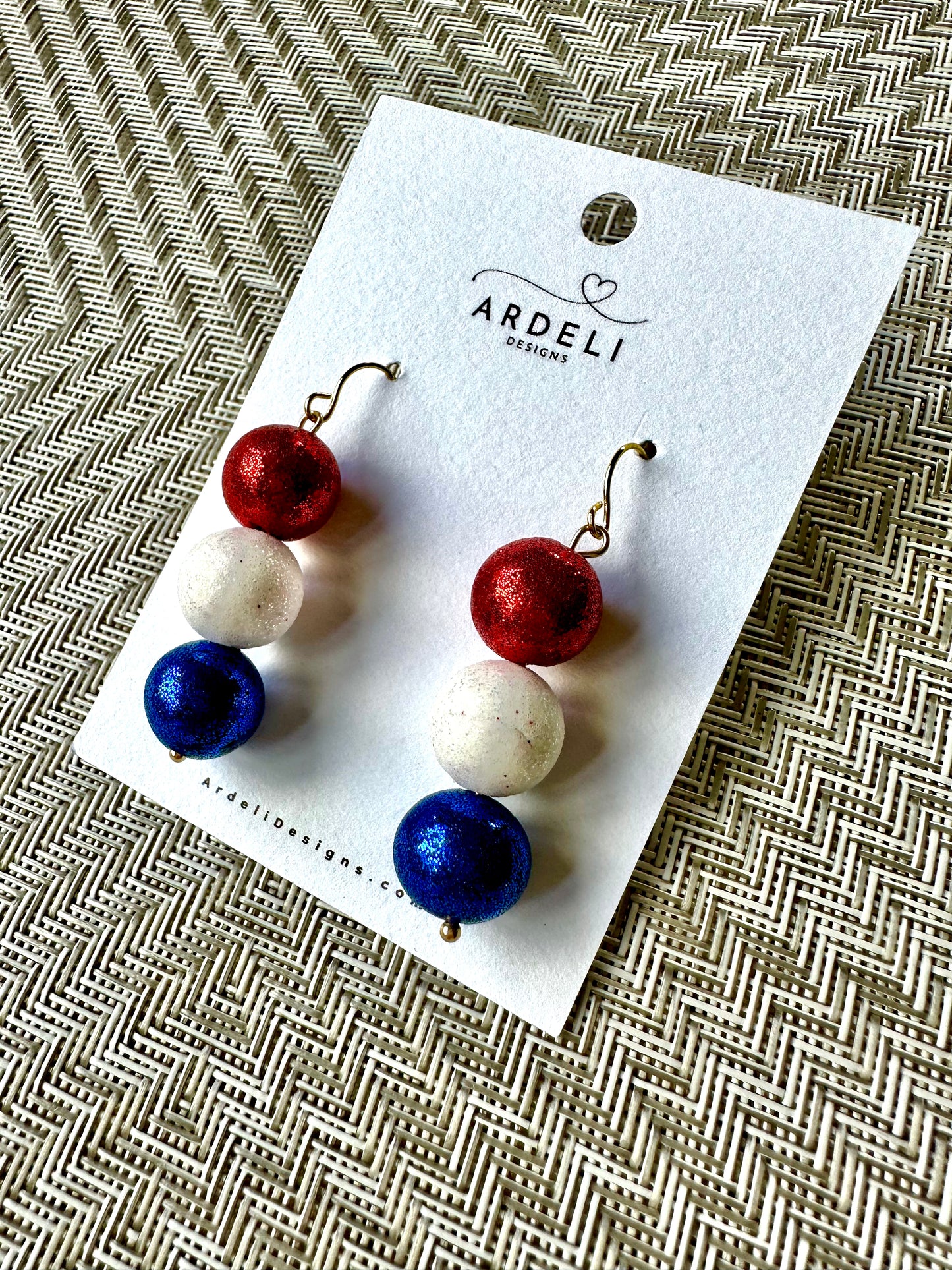 "USA" Red, White and Blue Clay Bead Dangle Drop Earrings