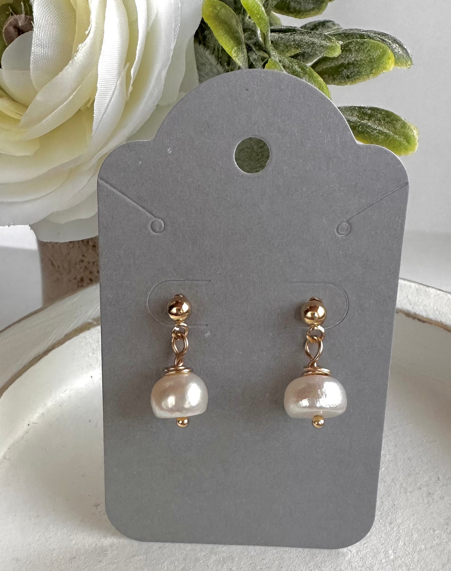 “Lorraine" 73 Fresh Water Pearl Drop Gold Plated Ball Post Dangle Earrings