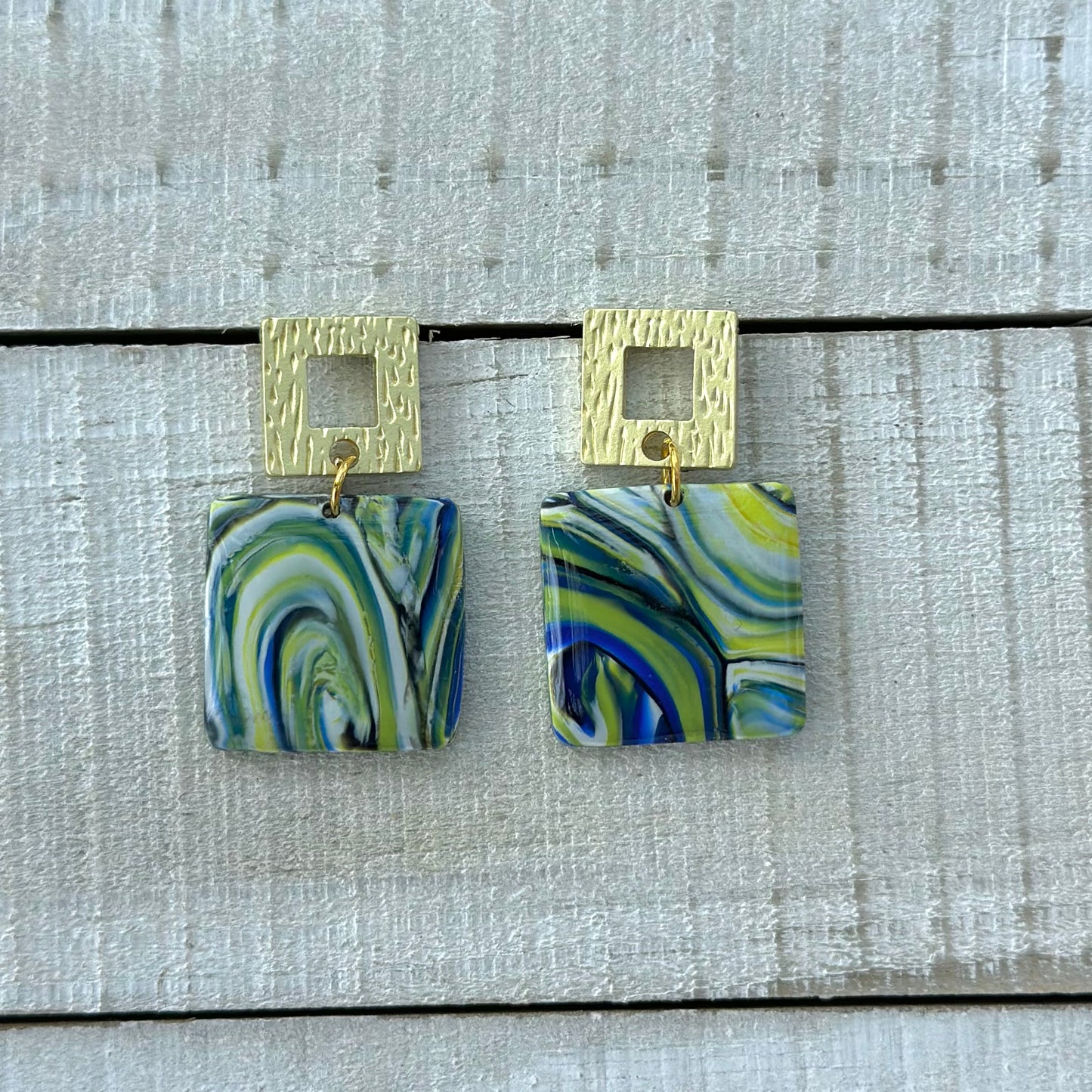 “A Starry Night” Handmade Polymer Clay Square Matte Gold Plated Stud Dangle Earrings