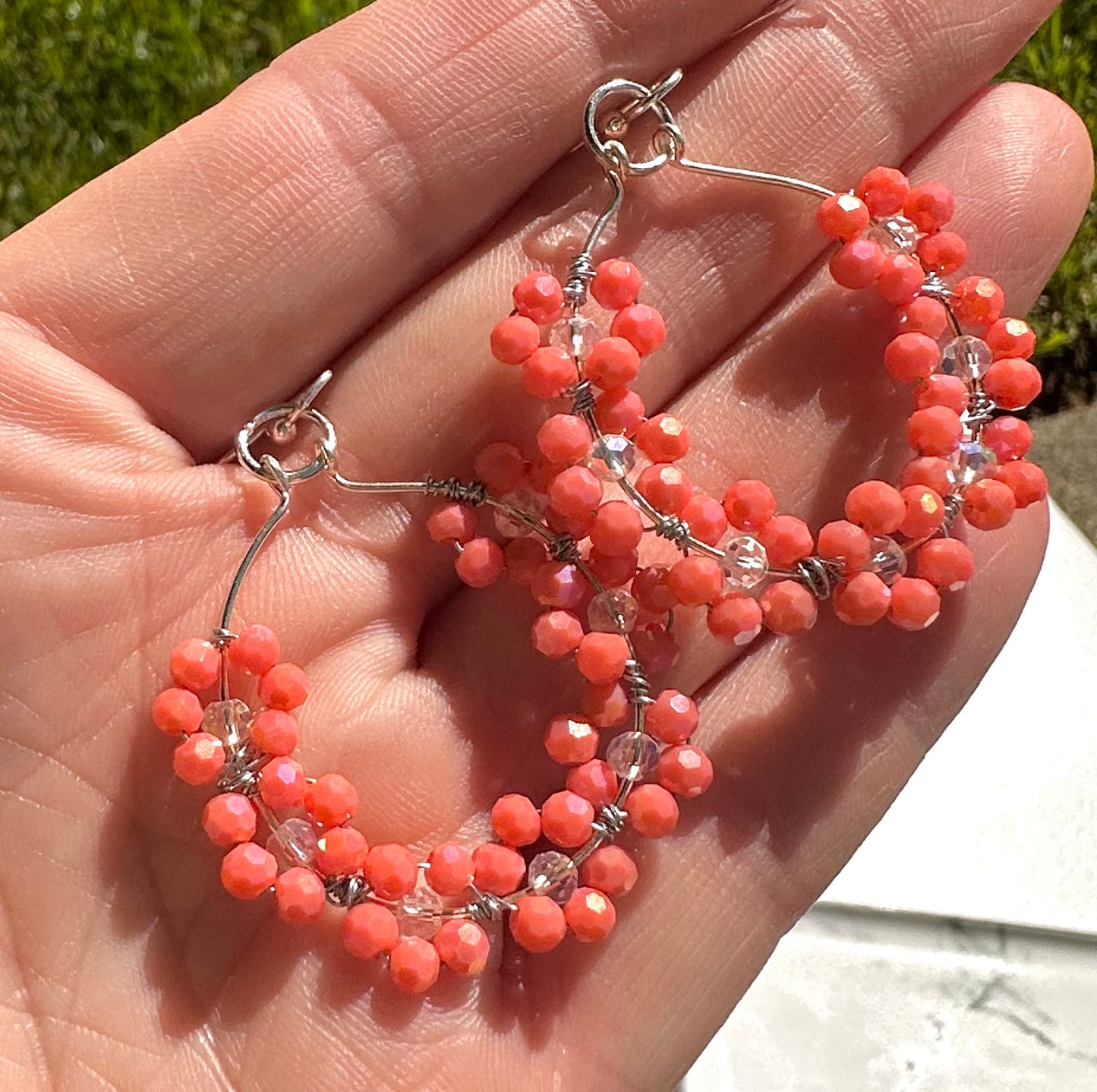 “Georgia” Handmade Silver Plated Coral Dainty Daisy Dangle Earrings