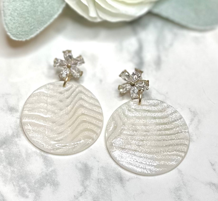 “Lily of the Valley” White Marble Polymer Clay Cubic Zirconia Gold Plated Post Earrings