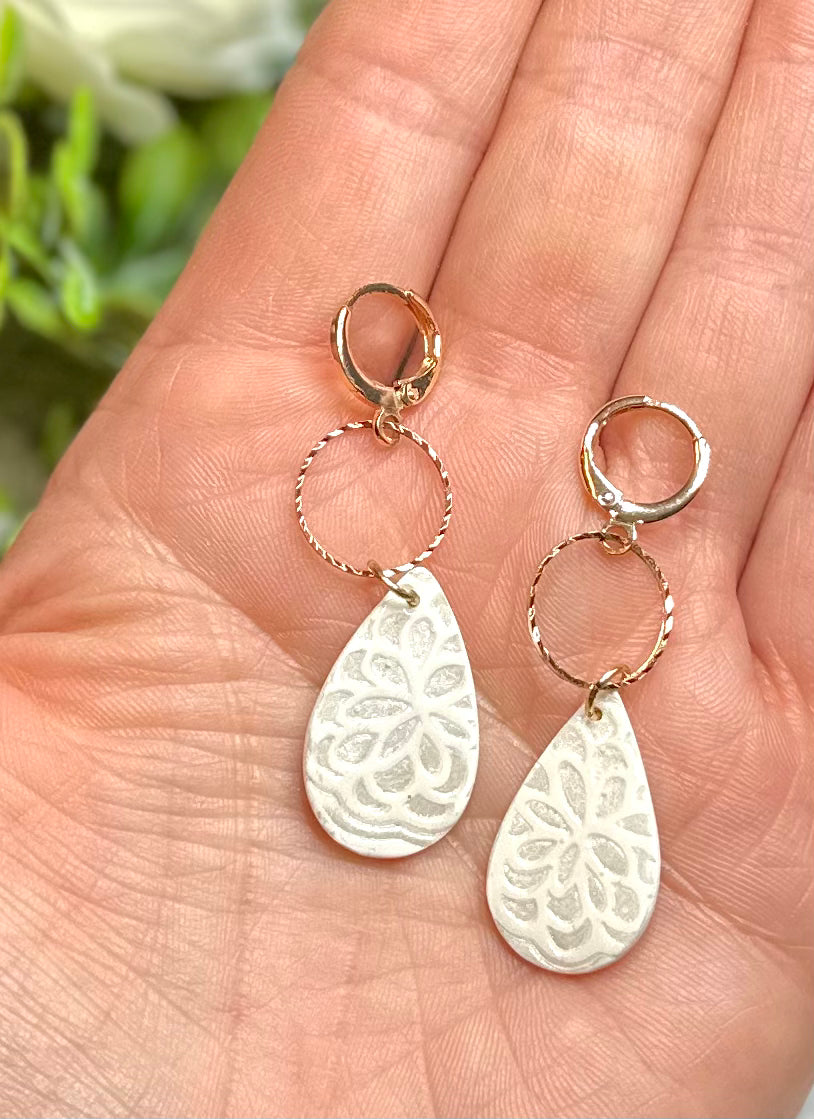 “Lily of the Valley” White Polymer Clay Gold Plated Huggie Earrings