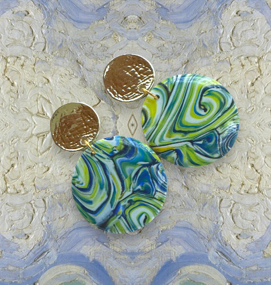 “A Starry Night” Handmade Polymer Clay Round Gold Plated Stud Dangle Earrings