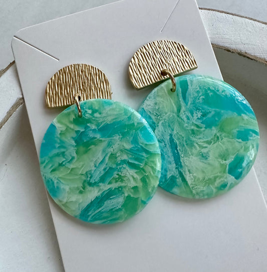 “Tropical Breeze” Handmade Polymer Clay Round Matte Gold Plated Stud Dangle Earrings