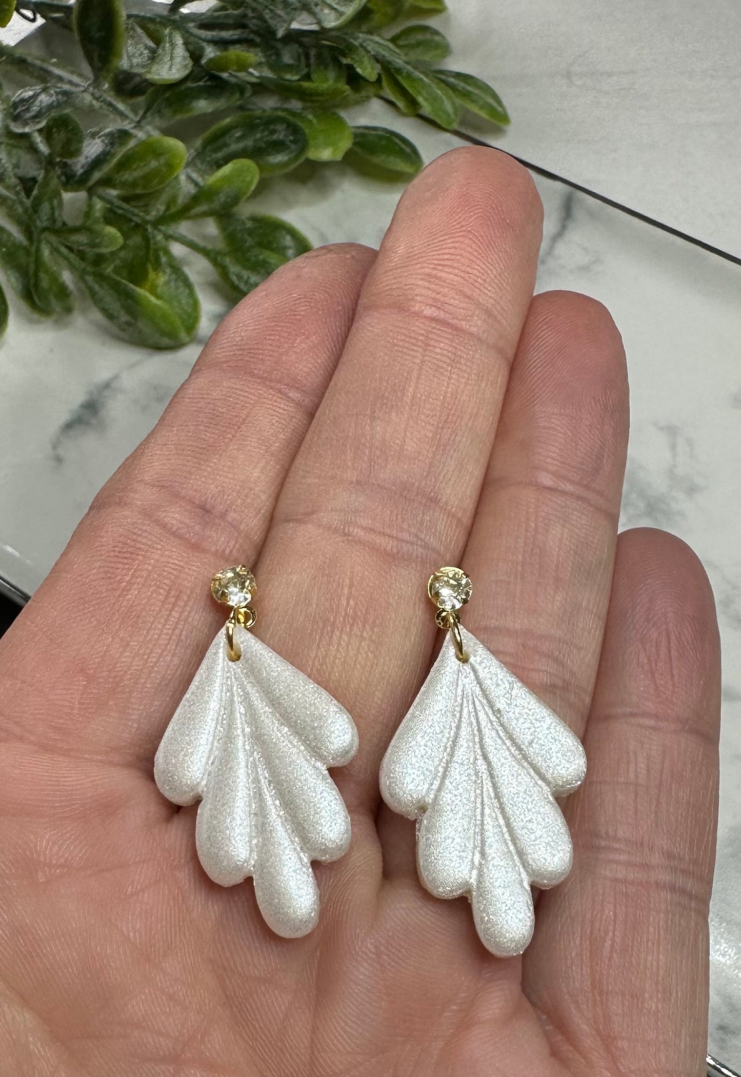 “Lily of the Valley” White Polymer Clay Gold Plated Cubic Zirconia Dangle Post Earrings