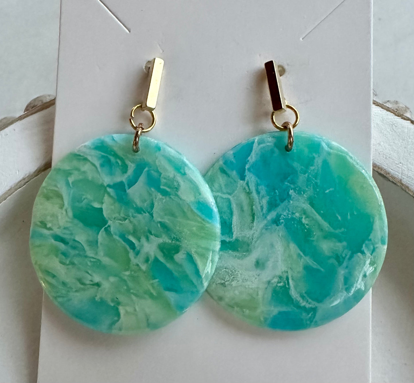 “Tropical Breeze” Handmade Polymer Clay Round Gold Plated Stud Dangle Earrings