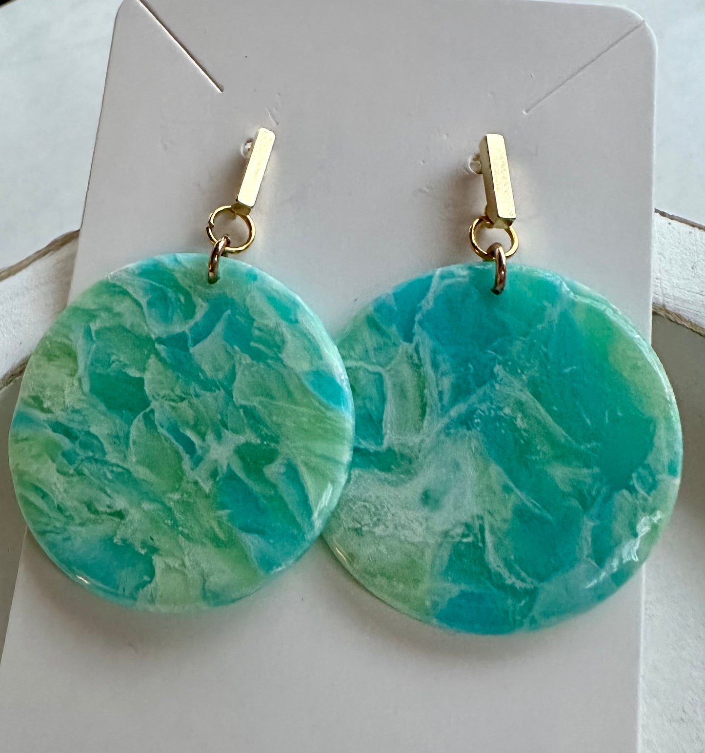 “Tropical Breeze” Handmade Polymer Clay Round Gold Plated Stud Dangle Earrings