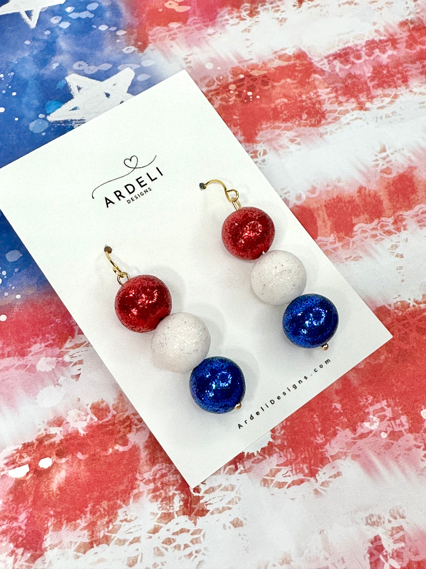 "USA" Red, White and Blue Clay Bead Dangle Drop Earrings