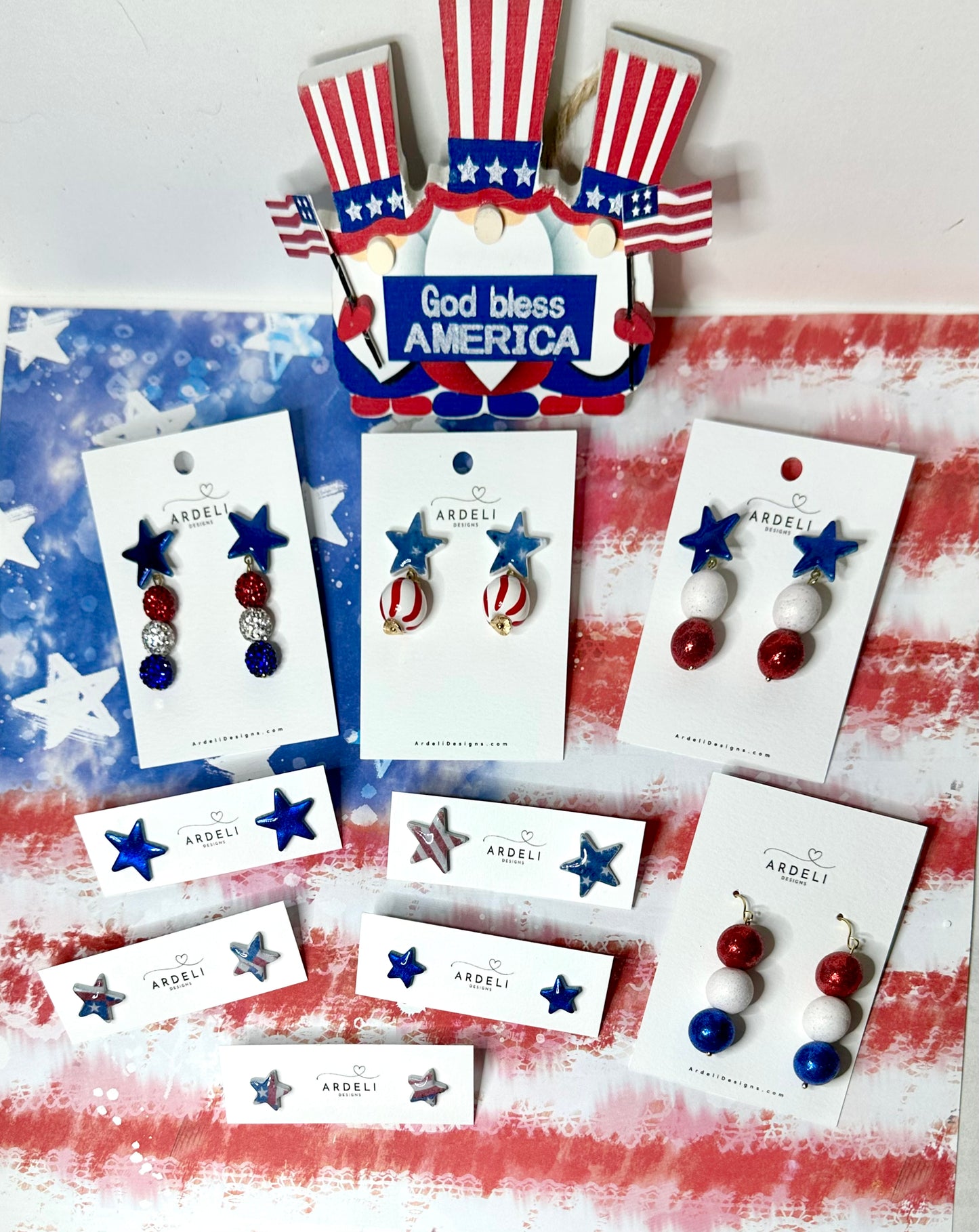 "USA" Red, White and Blue Clay Bead Dangle Drop Earrings