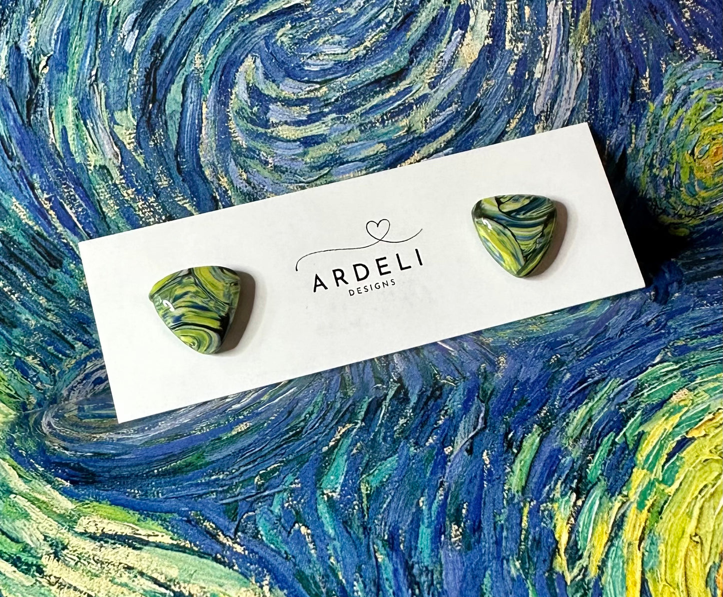 “A Starry Night” Handmade Polymer Clay Triangle Stud Earrings