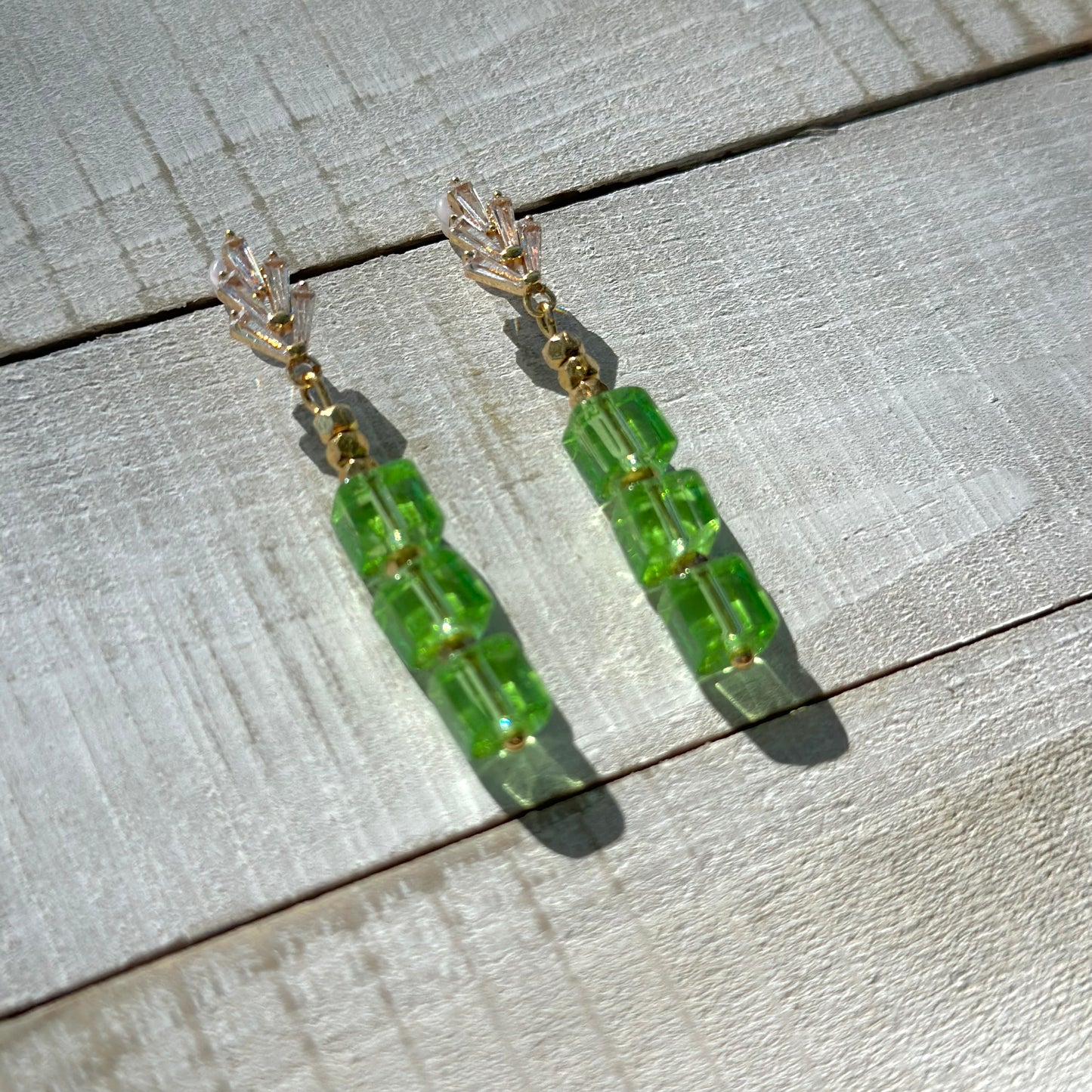 “Crystal Suncatcher” Handmade 18K Gold Plated Brass Cubic Zirconia Emerald Crystal Cube Dangle Earrings