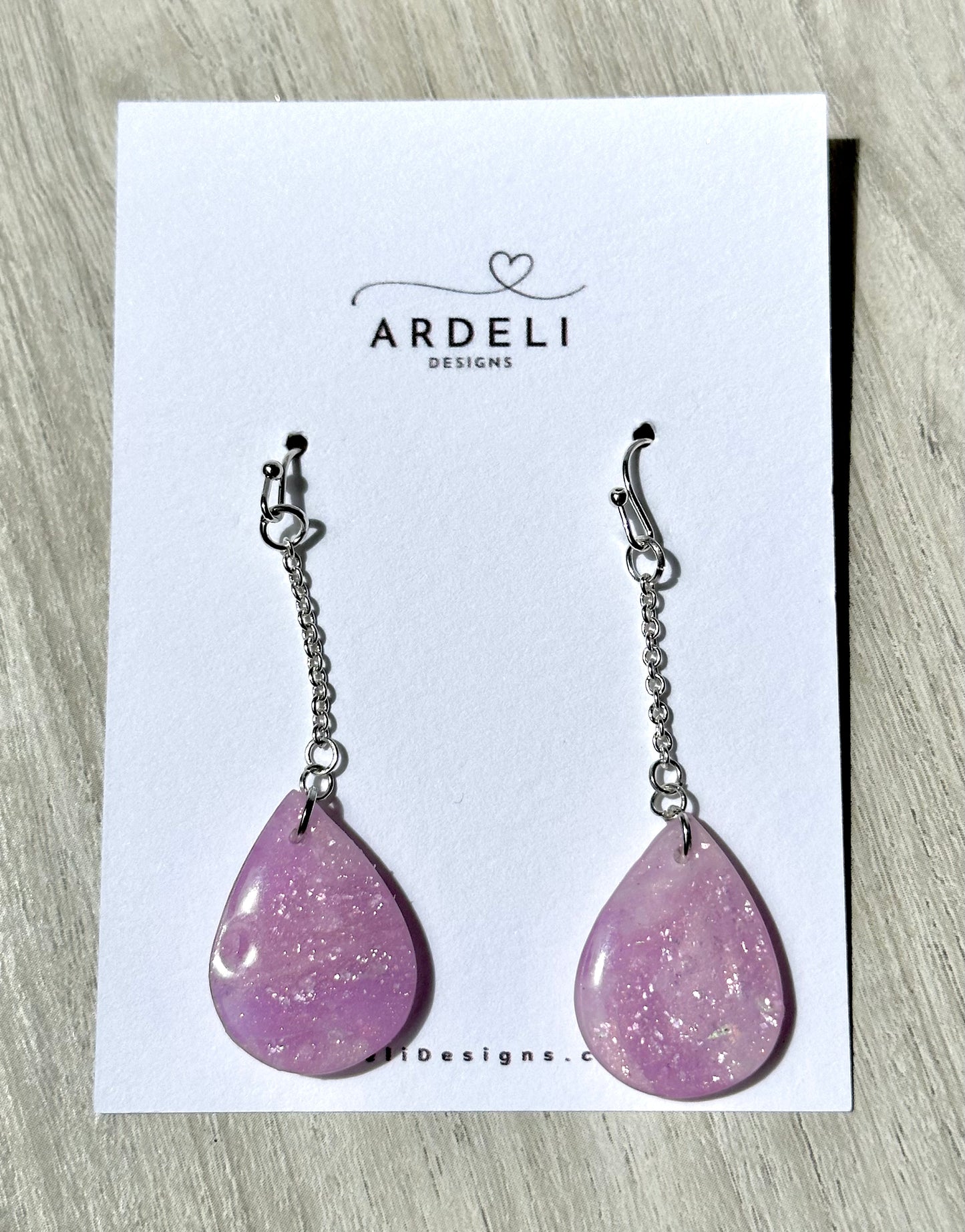 “Lavender Haze” Handmade Polymer Clay Purple Teardrop Dangle Silver Plated Earring hook