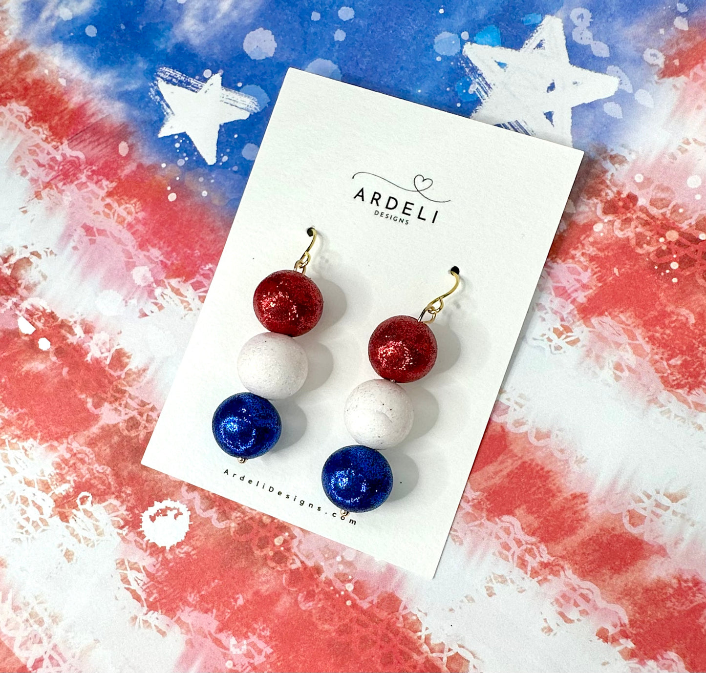 "USA" Red, White and Blue Clay Bead Dangle Drop Earrings