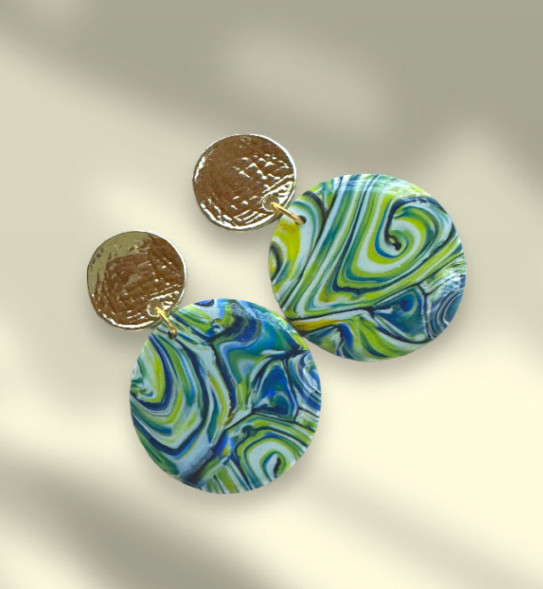 “A Starry Night” Handmade Polymer Clay Round Gold Plated Stud Dangle Earrings